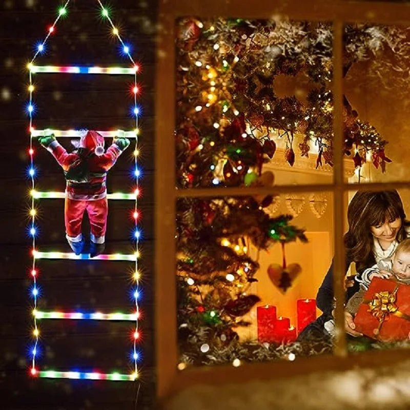 Lisslune | Santa Claus Climbing Ladder with LED String Lights – Festive Christmas Decor for Home, Window & Tree