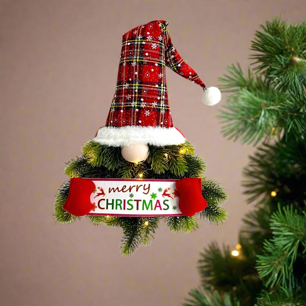Lisslune | Santa Gnome with Christmas Wreath and Sparkling LED Lights – Perfect for Front Door, Wall, or Window Festive Magic