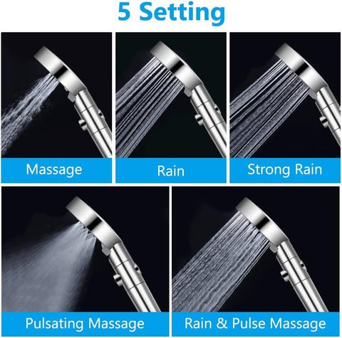 Lisslune | 5-Mode Shower Head for Low Pressure | Stop Button for Easy Water Control