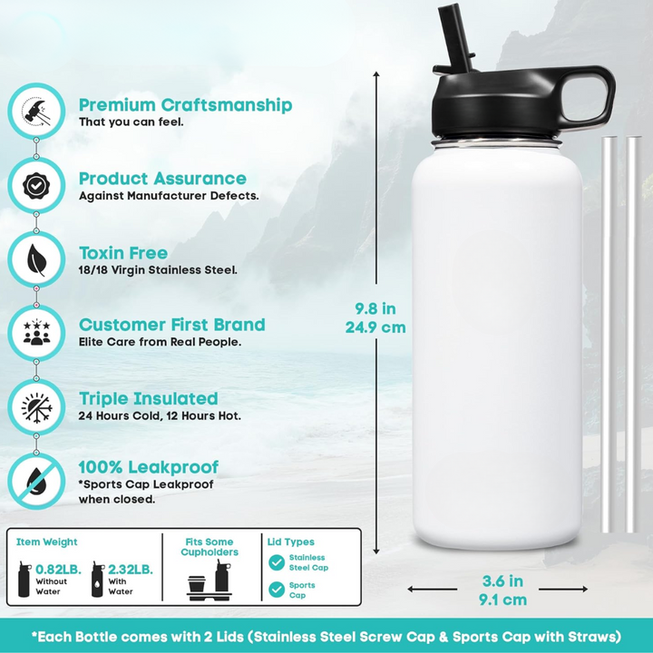 Lisslune | Stainless Steel Insulated Water Bottle with Straw - For Cold & Hot Drinks
