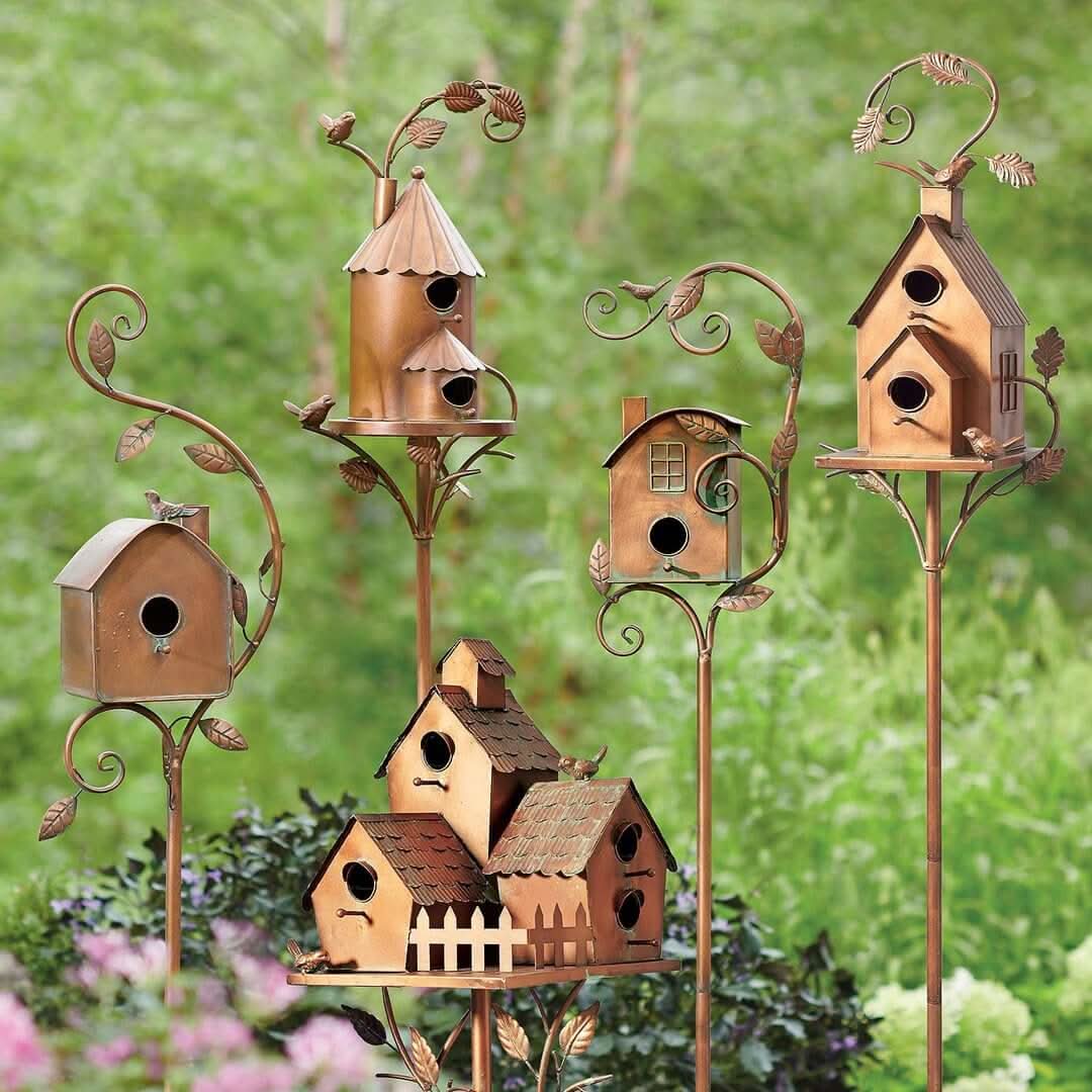 Lisslune | Metal Garden Birdhouse Stake Decorative Outdoor