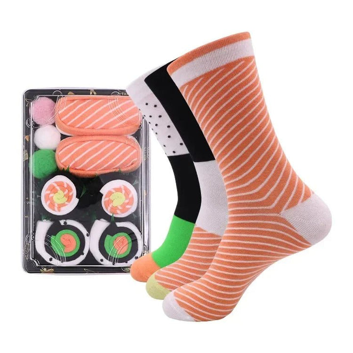 Lisslune | Sushi Mid-Calf Socks Gift Set – 3-Pair Harajuku Cotton Socks with Playful Pizza, Burger & Sushi Designs, Perfect for Christmas or Birthday Surprises