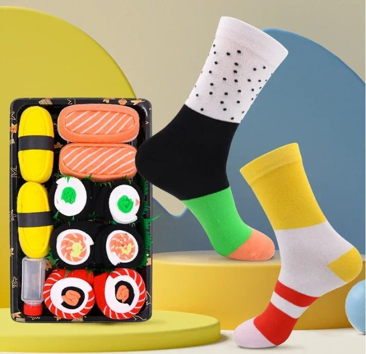 Lisslune | Sushi Mid-Calf Socks Gift Set – 3-Pair Harajuku Cotton Socks with Playful Pizza, Burger & Sushi Designs, Perfect for Christmas or Birthday Surprises