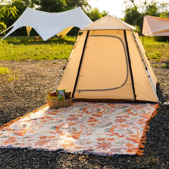 Lisslune | Boho Floral Cotton Throw Blanket with Fringe – Cream & Orange