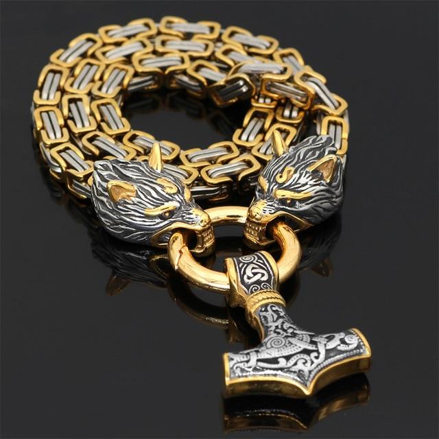 Lisslune | 60–90 cm Stainless Steel Double Wolf Head & Mjolnir Survival Spirit Necklace/Bracelet
