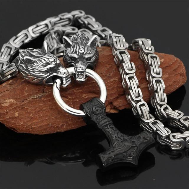 Lisslune | 60–90 cm Stainless Steel Double Wolf Head & Mjolnir Survival Spirit Necklace/Bracelet