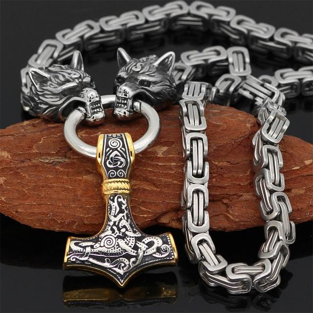 Lisslune | 60–90 cm Stainless Steel Double Wolf Head & Mjolnir Survival Spirit Necklace/Bracelet