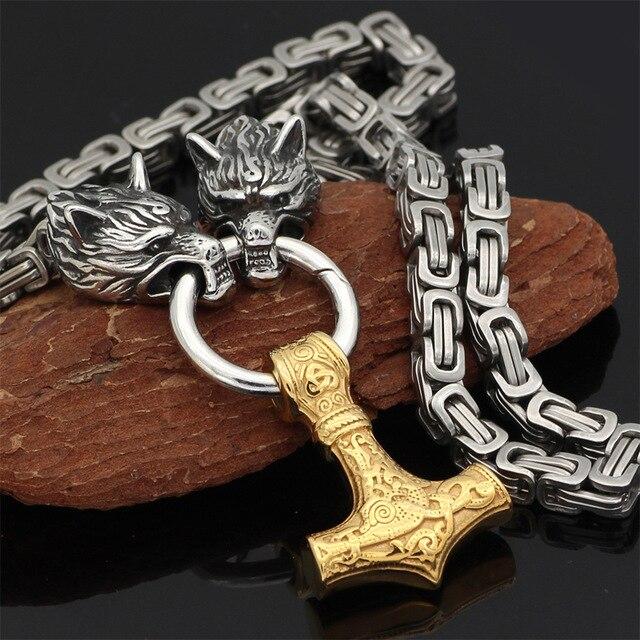 Lisslune | 60–90 cm Stainless Steel Double Wolf Head & Mjolnir Survival Spirit Necklace/Bracelet