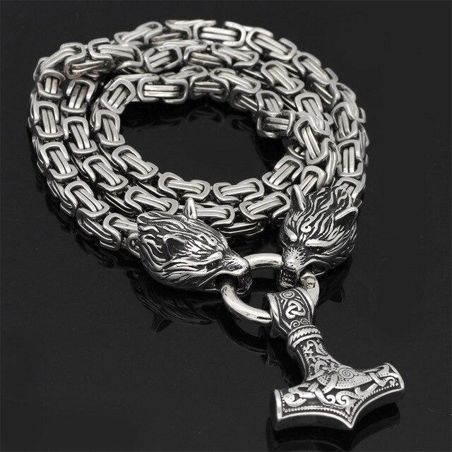 Lisslune | 60–90 cm Stainless Steel Double Wolf Head & Mjolnir Survival Spirit Necklace/Bracelet