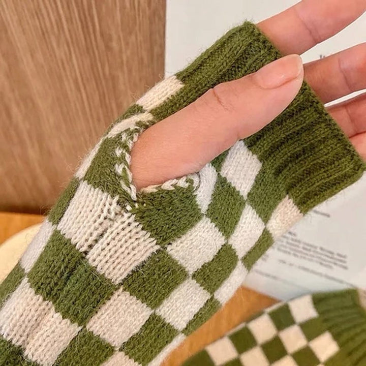 Lisslune | Women’s Checkered Winter Gloves – Warm Fingerless Knit Plaid Design