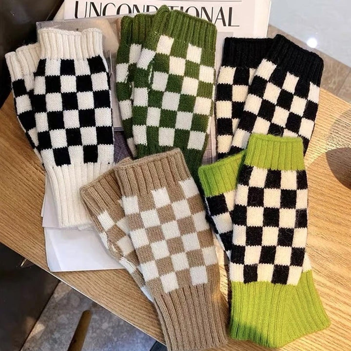 Lisslune | Women’s Checkered Winter Gloves – Warm Fingerless Knit Plaid Design
