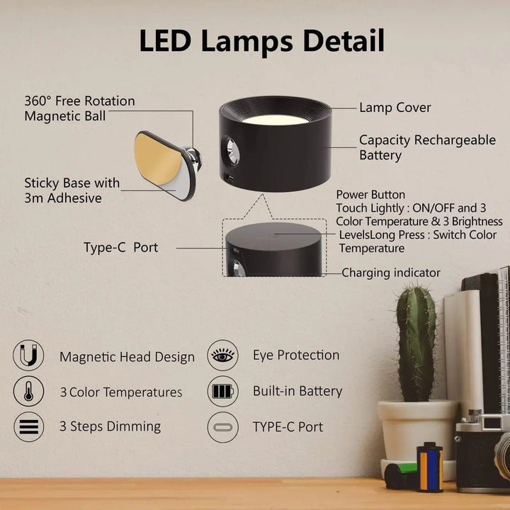 Lisslune | Battery Operated Wall Light | Rechargeable, 360° Adjustable & Wireless for Modern Interiors
