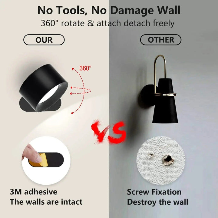Lisslune | Battery Operated Wall Light | Rechargeable, 360° Adjustable & Wireless for Bedrooms, Hallways & Reading Corners