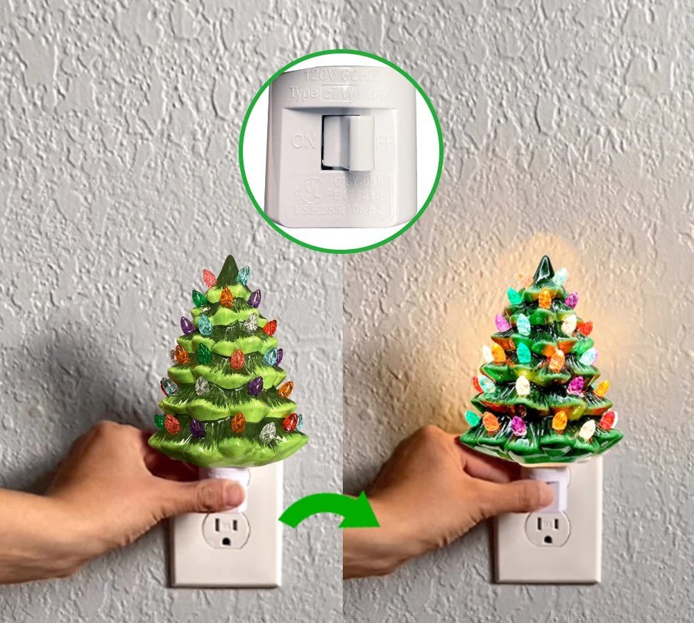 Lisslune | Vintage Ceramic Christmas Tree Night Light – Hand-Painted Plug-In Holiday Glow