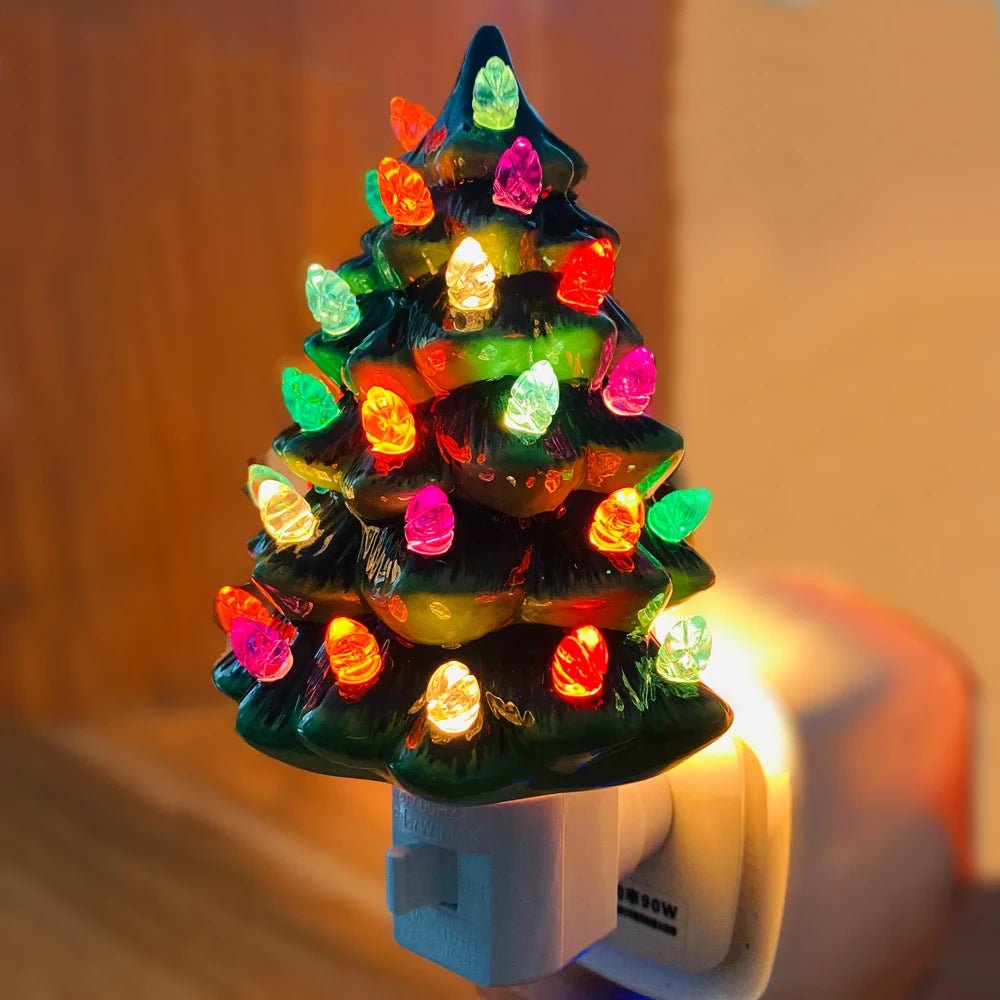 Lisslune | Vintage Ceramic Christmas Tree Night Light – Hand-Painted Plug-In Holiday Glow