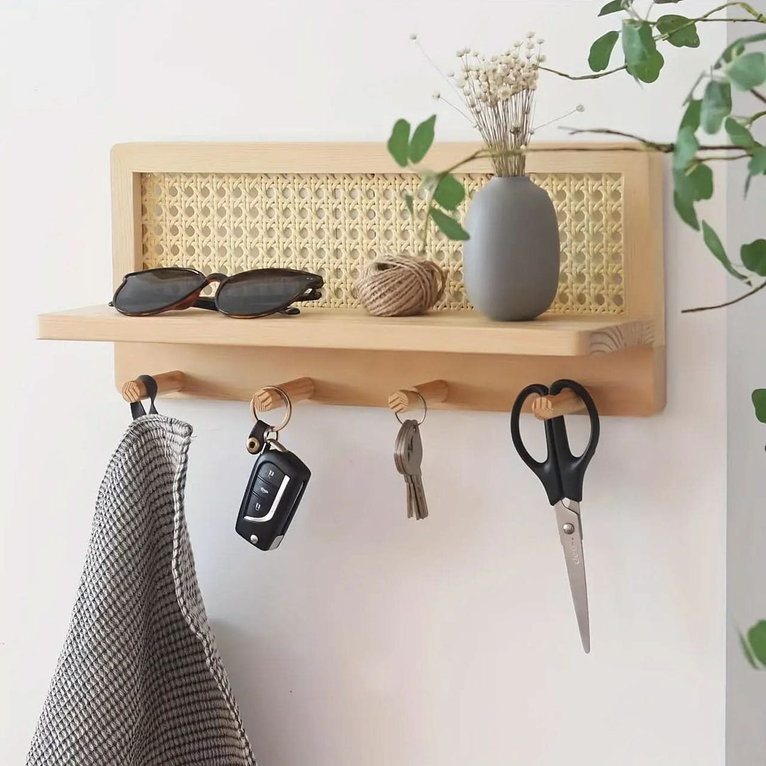 Lisslune | Rustic Wooden Wall Shelf with 4 Hooks