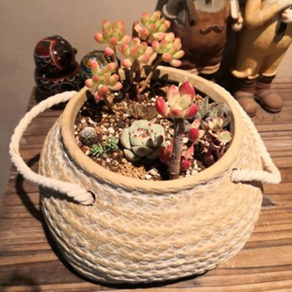 Lisslune | Ceramic Plant Pot in Hemp Bag Design with Rope Handles – Decorative Flower Pot for Garden and Home