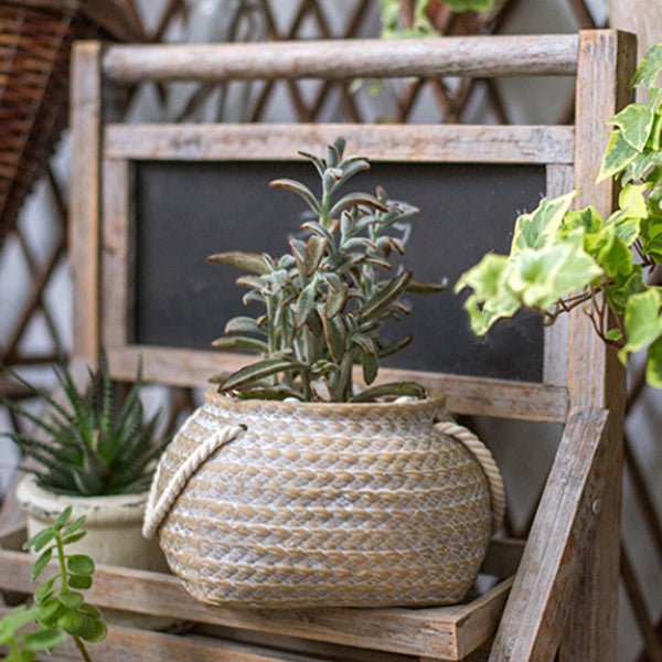 Lisslune | Ceramic Plant Pot in Hemp Bag Design with Rope Handles – Decorative Flower Pot for Garden and Home