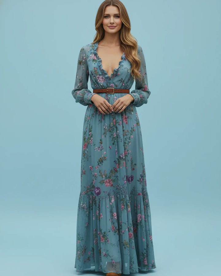 Boho Women's Maxi Dress with Low V-Neck and Long Sleeve Lisslune