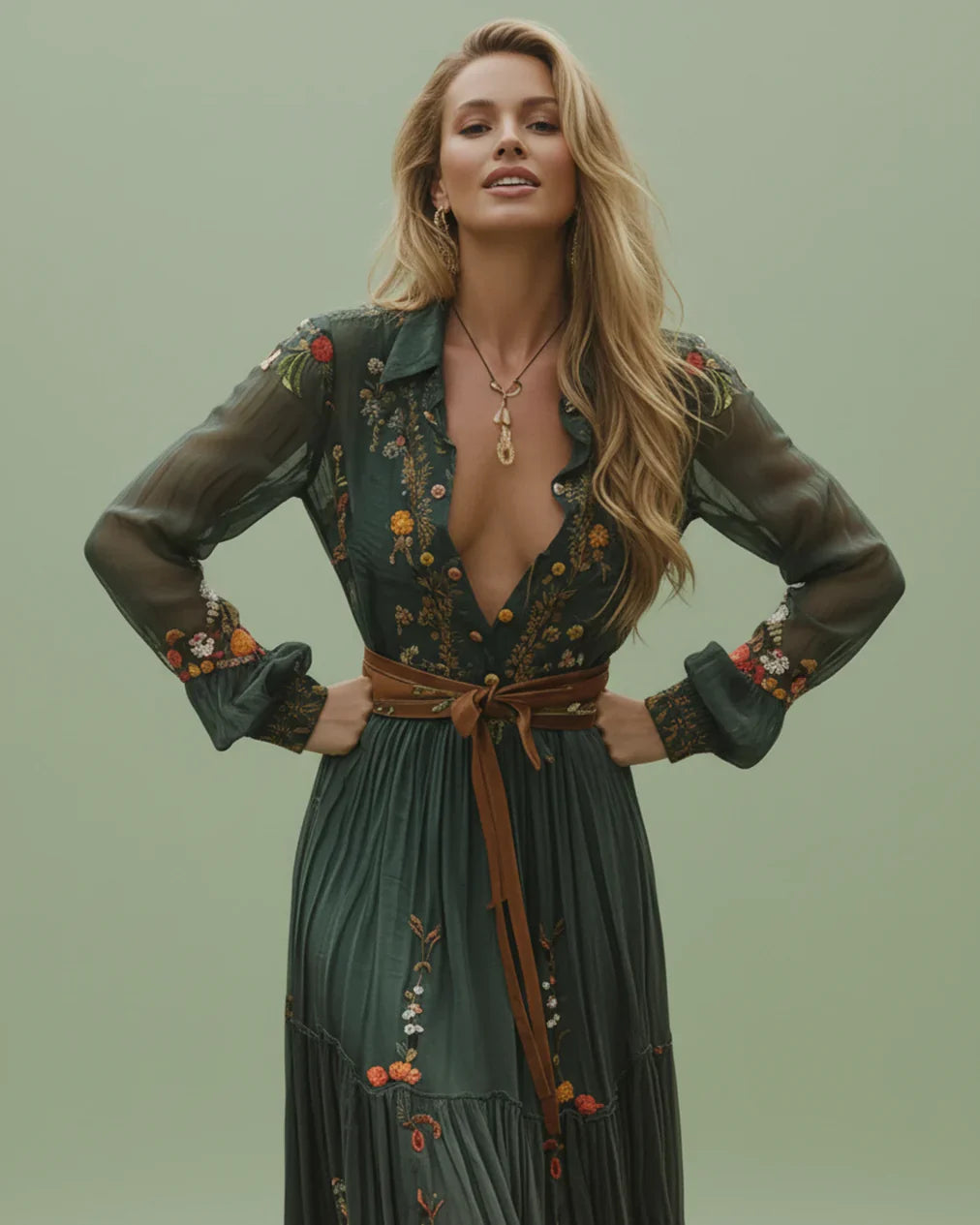 Boho Women's Maxi Dress with Low V-Neck and Long Sleeve Lisslune