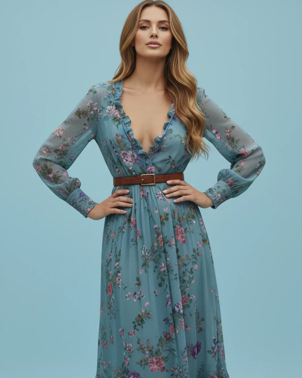 Boho Women's Maxi Dress with Low V-Neck and Long Sleeve Lisslune
