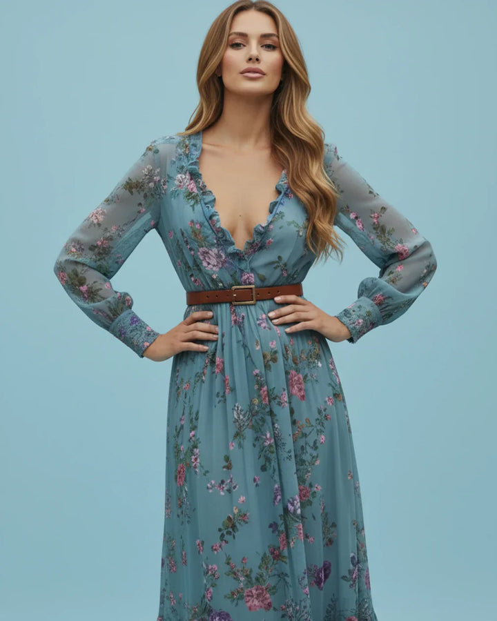 Boho Women's Maxi Dress with Low V-Neck and Long Sleeve Lisslune