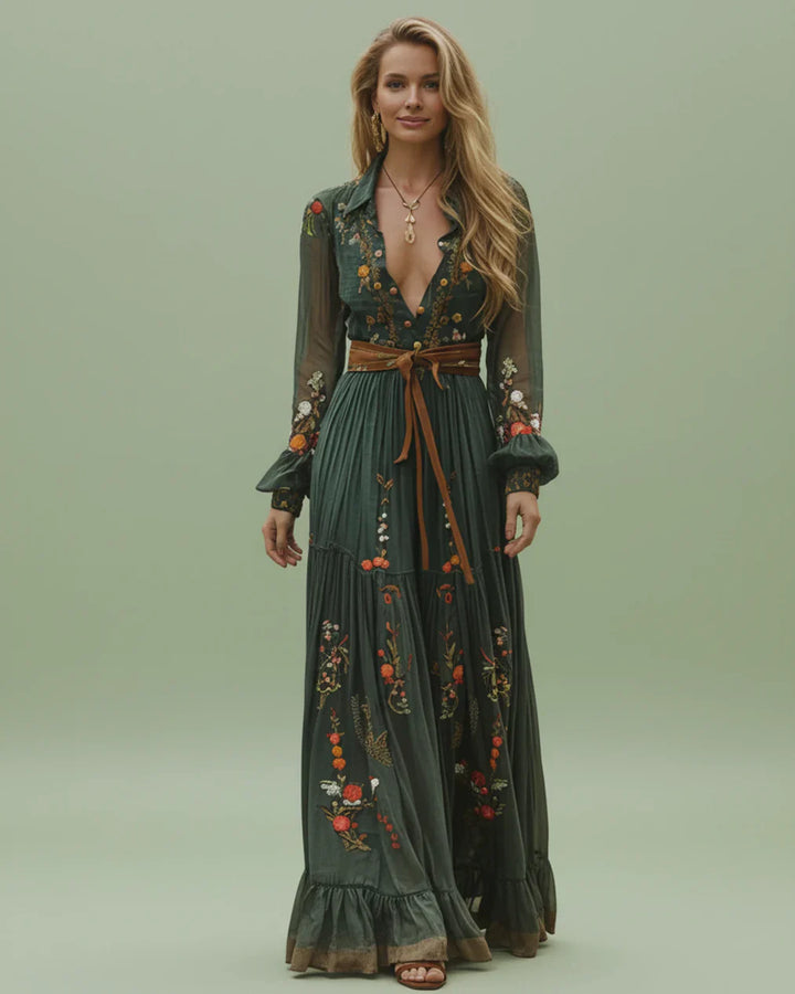 Boho Women's Maxi Dress with Low V-Neck and Long Sleeve Lisslune