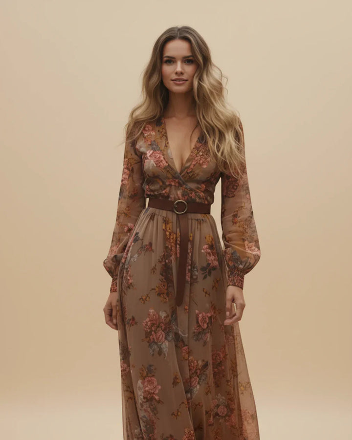Boho Women's Maxi Dress with Low V-Neck and Long Sleeve Lisslune