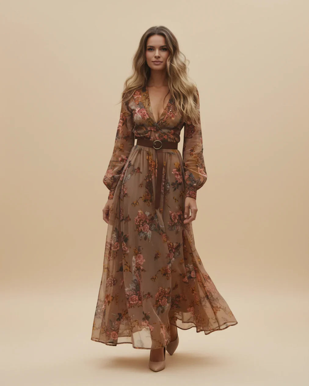 Boho Women's Maxi Dress with Low V-Neck and Long Sleeve Lisslune