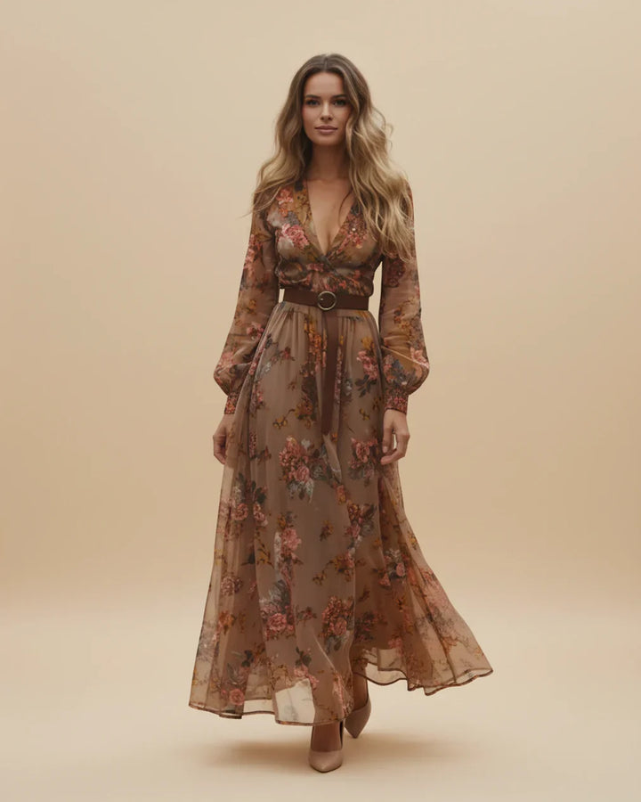 Boho Women's Maxi Dress with Low V-Neck and Long Sleeve Lisslune