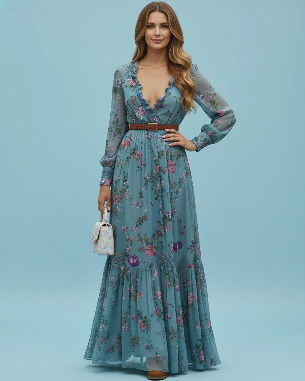 Boho Women's Maxi Dress with Low V-Neck and Long Sleeve Lisslune