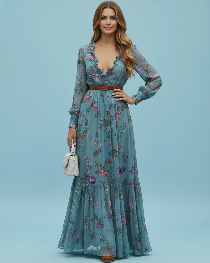 Boho Women's Maxi Dress with Low V-Neck and Long Sleeve Lisslune