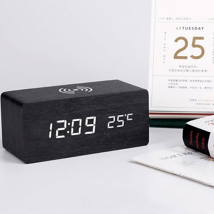 Lisslune | Wood Electric Alarm Clock with Wireless Charging Pad
