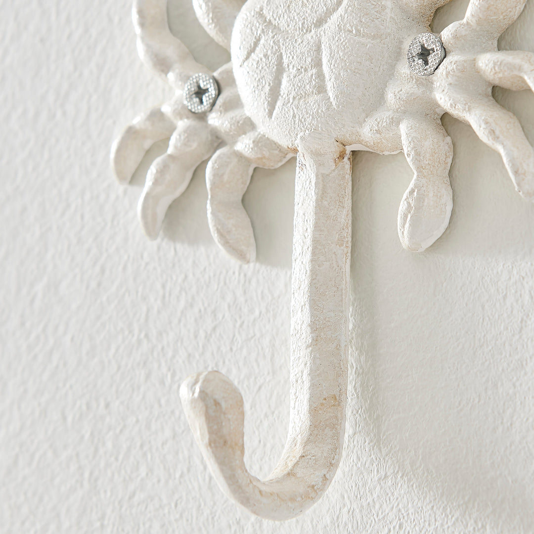 Lisslune | White Cast Iron Nautical Ocean Figure Sculpture Decorative Utility Wall Hook Set of 3 - Shell, Crab, Seahorse