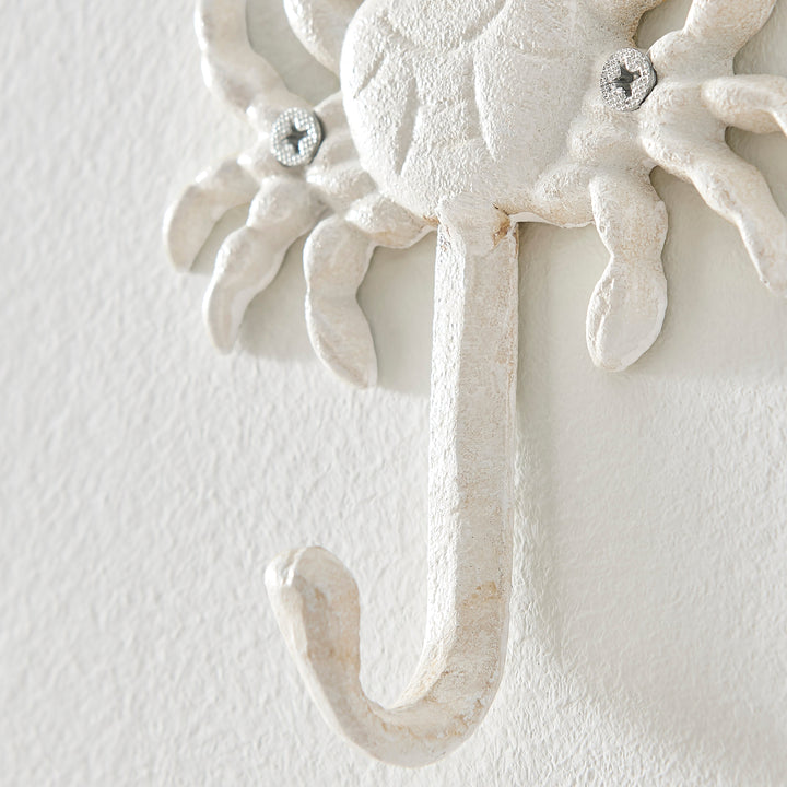 Lisslune | White Cast Iron Nautical Ocean Figure Sculpture Decorative Utility Wall Hook Set of 3 - Shell, Crab, Seahorse